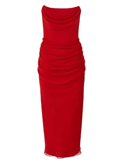 Carolina Herrera Strapless Draped Silk-chiffon Midi Dress In Red