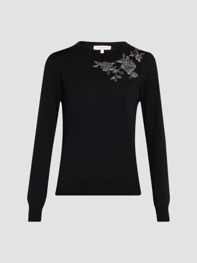 Carolina Herrera Women's Embellished Silk-cotton Crewneck Sweater In Black