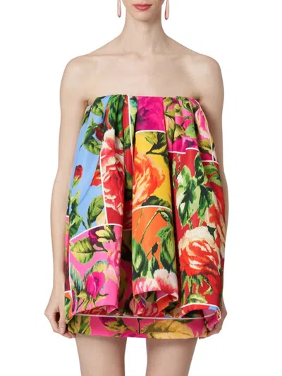 Carolina Herrera Flower-print Strapless Babydoll Ruffle Mini Dress In Neutral