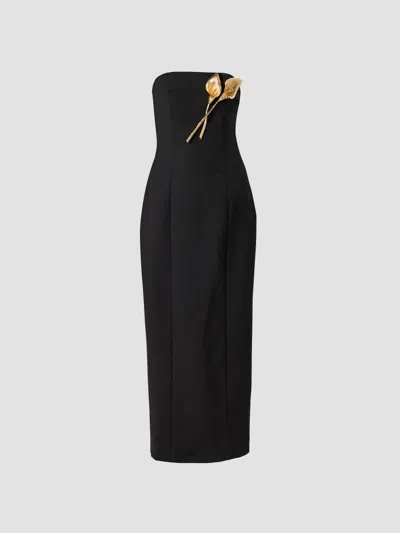 Carolina Herrera Women's Floral Brooch-detailed Stretch Wool Gown In Black