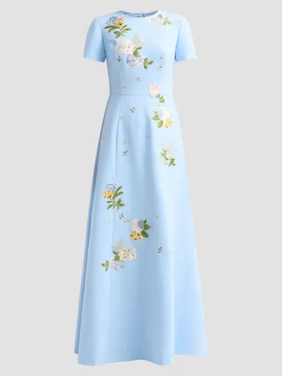 Carolina Herrera Crepe Floral Embroidered Gown In Blue
