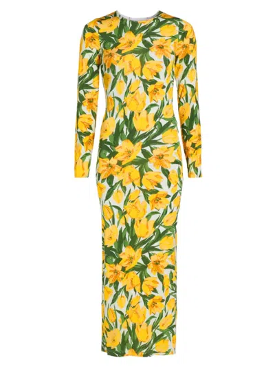 Carolina Herrera Women's Floral Jersey Long-sleeve Maxi Dress In Wht Mult