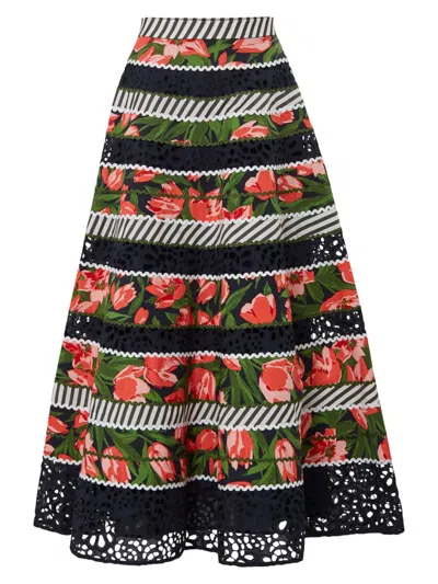 Carolina Herrera Women's Floral Striped Eyelet Maxi Skirt In Midnight Multi