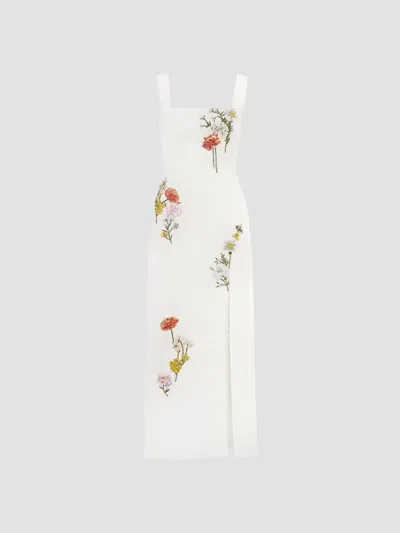 Carolina Herrera Women's Floral-embellished Boucle Square-neck Midi Dress In White