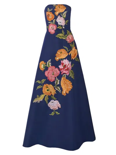 Carolina Herrera Strapless Floral Embroidered A-line Gown In Blue