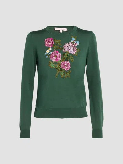 Carolina Herrera Women's Floral-embroidered Silk-cotton Crewneck Sweater In Racing Green