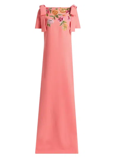 Carolina Herrera Embroidered Bow-shoulder A-line Gown In Orange