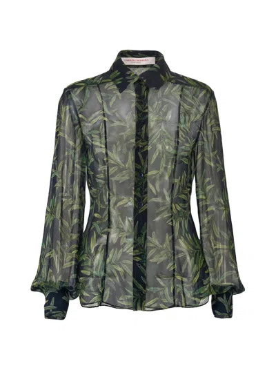 Carolina Herrera Women's Leaf-print Silk Sheer Shirt In Green