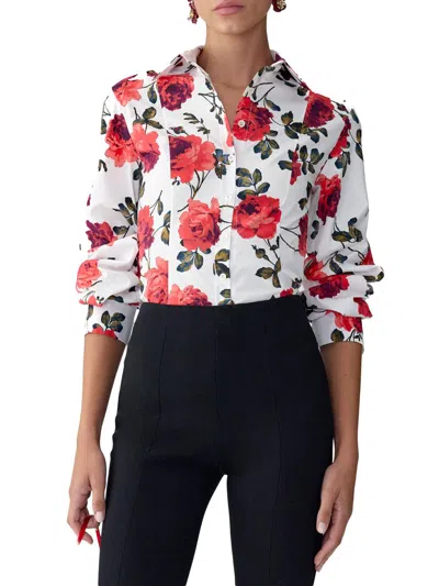 Carolina Herrera Women's Rose-print Cotton Shirt In White