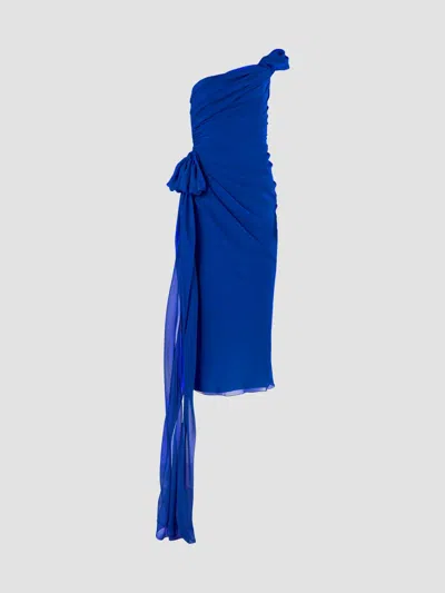 Carolina Herrera Women's Ruched One-shoulder Silk Midi Dress In Blue