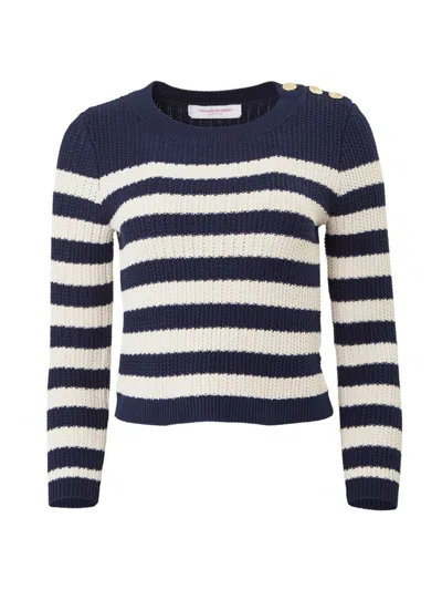 Carolina Herrera Striped Crewneck Sweater With Buttons In Midnightmu