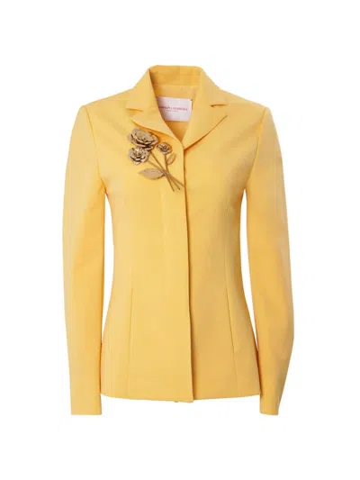 Carolina Herrera Wool Blazer Jacket With Gold-tone Roses In Sunshine Yellow