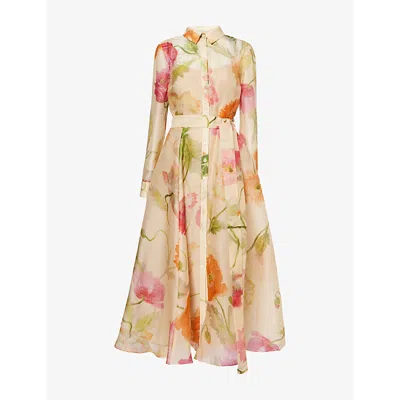 Carolina Herrera Womens Almond Multi Poppy-print Belted Silk-organza Midi Trench Dress