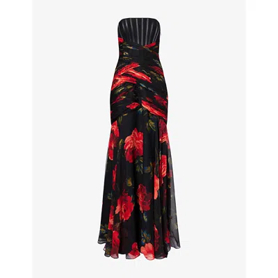 Carolina Herrera Womens Black Multi Rose-print Bustier Silk-chiffon Gown