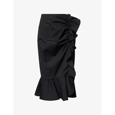 Carolina Herrera Womens  Ruched Ruffled-hem Cotton-blend Pencil Skirt In Black