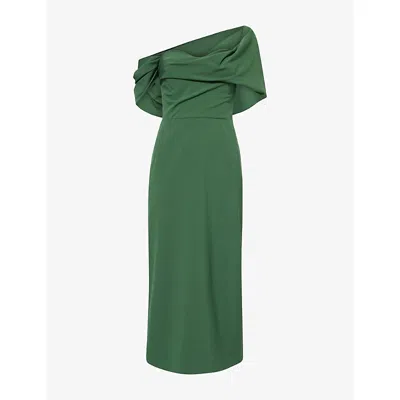 Carolina Herrera Womens Draped Off-shoulder Wool-blend Midi Dress Racing Green