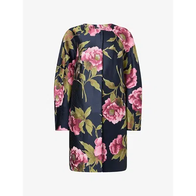 Carolina Herrera Womens Floral-print Collarless Satin Cocoon Coat Midnight Multi