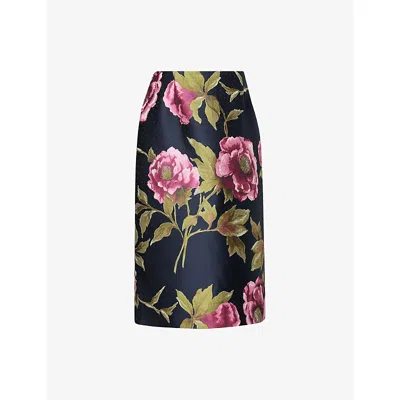 Carolina Herrera Womens Floral-print Satin Midi Pencil Skirt Midnight Multi
