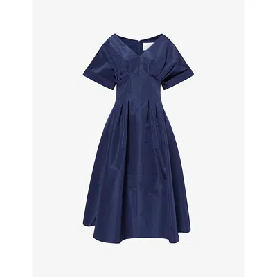 Carolina Herrera Womens Midnight Gathered-waist V-neck Silk Midi Dress In Blue
