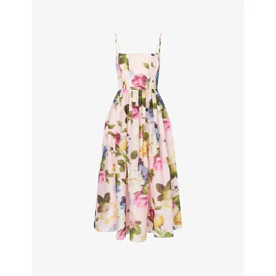 Carolina Herrera Womens Rosewater Multi Floral-print Thin-strap Linen And Silk Midi Dress