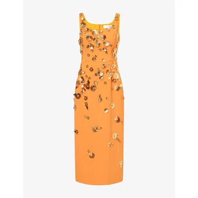 Carolina Herrera Womens Tiger Lily Scoop-neck Floral-applique Woven Midi Dress In Orange