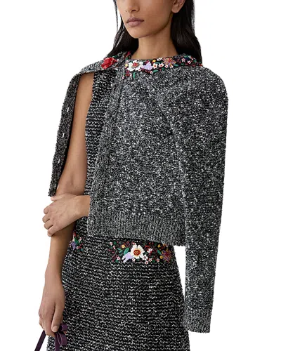 Carolina Herrera Wool Blend Embellished Crewneck Cardigan In Black