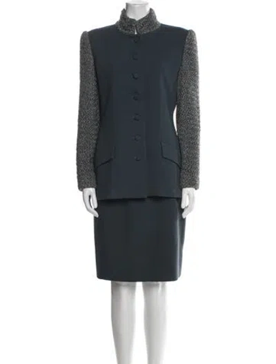 Pre-owned Carolina Herrera Wool Bow Accents Skirt Suit In Blue