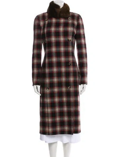 Pre-owned Carolina Herrera Wool Plaid Print Faux Fur Coat In Red