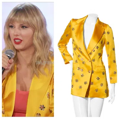 Pre-owned Carolina Herrera Yellow Satin Jewel Embellished Coat Ss2019 Us 4