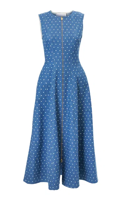 Carolina Herrera Zip-front Dot-print Denim A-line Midi Dress In Blue