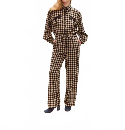Carolina K Boyfriend Long Sleeve Button Down Shirt In Black Plaid In Brown