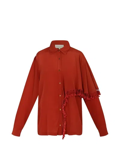 Carolina K Camo Tassel-trimmed Asymmetric Shirt In Red