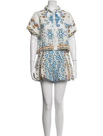 Pre-owned Carolina K Floral Print Pleated Accents Short Set In White