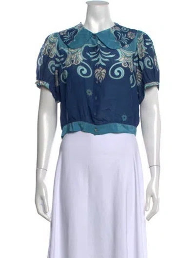 Pre-owned Carolina K Floral Print Short Sleeve Blouse In Blue