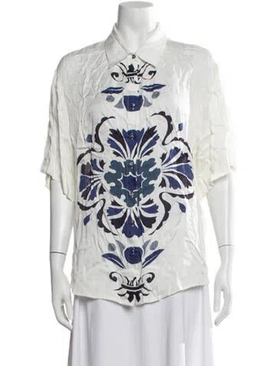 Pre-owned Carolina K Floral Print Short Sleeve Blouse In Blue/white