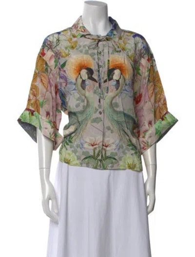 Pre-owned Carolina K Floral Print Short Sleeve Blouse In Neutral