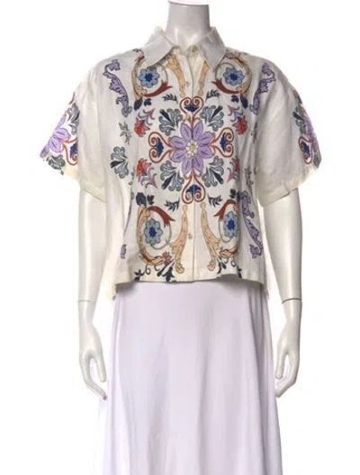 Pre-owned Carolina K Floral Print Short Sleeve Blouse In Neutral
