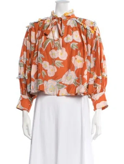 Pre-owned Carolina K Floral Print Tie Neck Blouse In Orange