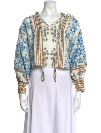 Pre-owned Carolina K Floral Print Tie Neck Top In Neutrals