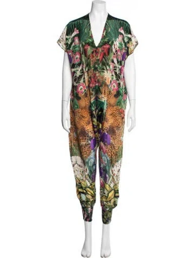 Pre-owned Carolina K Floral Print V-neck Jumpsuit In Green