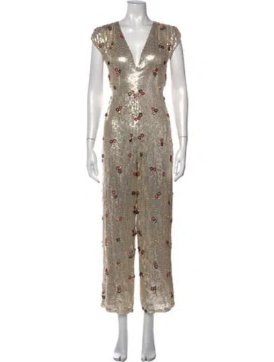 Pre-owned Carolina K Floral Print V-neck Jumpsuit In Neutrals