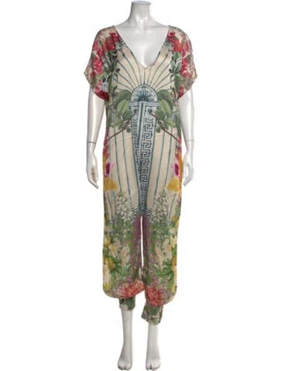 Pre-owned Carolina K Floral Print V-neck Jumpsuit In Neutrals