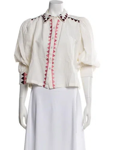 Pre-owned Carolina K Graphic Print Short Sleeve Blouse In White