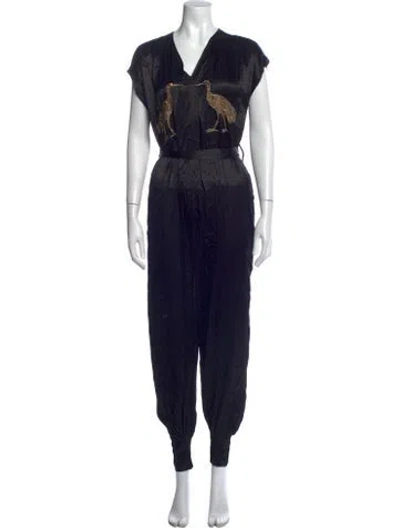 Pre-owned Carolina K Graphic Print V-neck Jumpsuit In Black
