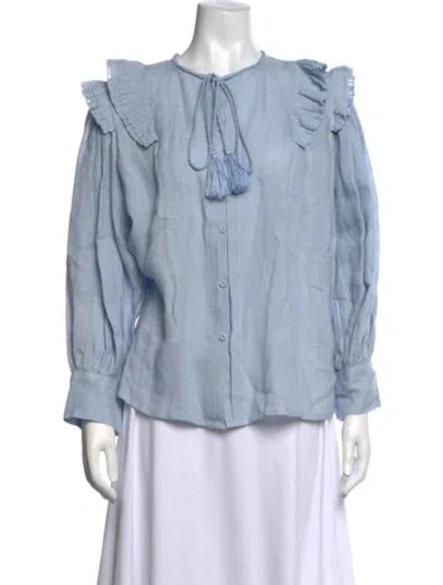Pre-owned Carolina K Hemp Tie Neck Blouse In Blue