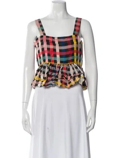 Pre-owned Carolina K Linen Plaid Print Crop Top In Blue