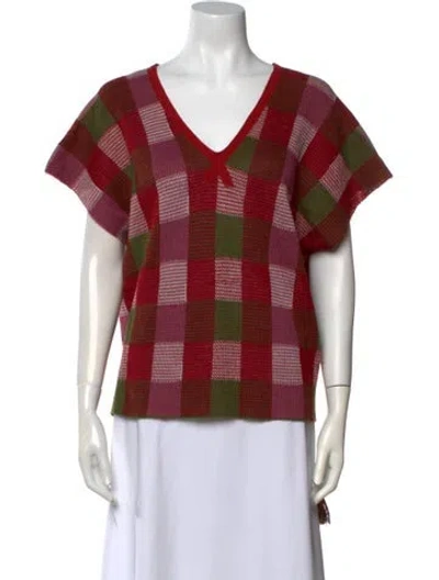 Pre-owned Carolina K Plaid Print V-neck Sweater In Red