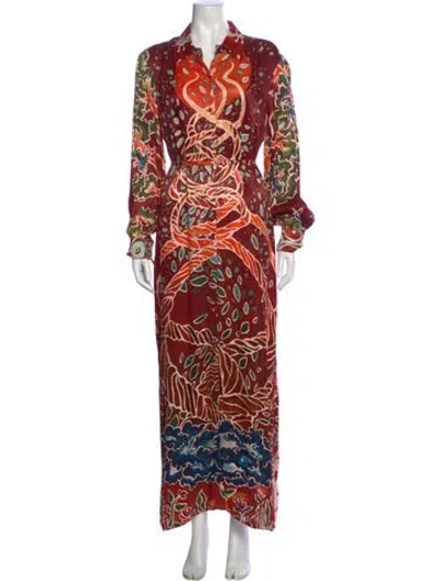 Pre-owned Carolina K Printed Long Dress In Burgundy