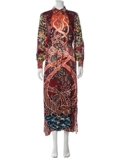 Pre-owned Carolina K Printed Long Dress In Burgundy