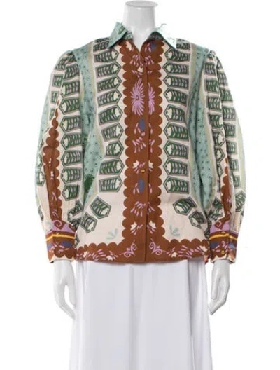 Pre-owned Carolina K Printed Long Sleeve Blouse In Green